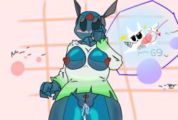 antennae_(anatomy) anthro aroused blush bodily_fluids bottomless breasts clothed clothing duo female genital_fluids genitals half_clothed hand_on_head hi_res iterator_(rain_world) looks_to_the_moon_(rain_world) male mranimeitionsfw penis pussy rain_world slugcat solo_focus survivor_(rain_world) vaginal_fluids videocult