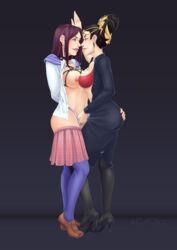 2girls black_hair blue_eyes bondage bra breasts brown_eyes cuti-chan da_ji_(smite) earrings female female_only hand_in_panties hel_(smite) looking_at_partner multiple_girls nipples nose_piercing nose_ring notcuti panties rope rope_bondage school_uniform smite underwear