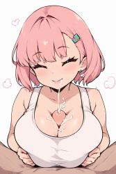 ai_generated boobjob boobs clothing earrings eyelashes eyes_closed femdom gentle_femdom happy milf paizuri pink_hair tagme