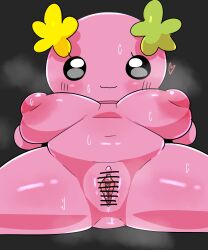 2024 5:6 absurd_res belly big_breasts black_background bodily_fluids breasts censor_bar censored censored_genitalia censored_pussy clitoris ebi10000000000 eyelashes female flower flower_(anatomy) furawatchi genitals glistening glistening_belly glistening_body glistening_breasts glistening_genitalia glistening_legs glistening_nipples glistening_pussy glistening_thighs green_flower heart_symbol hi_res humanoid_genitalia humanoid_pussy looking_at_viewer musk musk_clouds navel nipples not_furry pink_body pink_breasts pink_clitoris pink_heart pink_inner_pussy pink_nipples pink_pussy pink_skin plant presenting presenting_pussy pussy short_stack simple_background smile solo spread_legs spreading sweat sweaty_body tamagotchi thick_thighs wide_hips yellow_flower