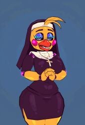 1girls 3d ai_generated animatronic anthro beak chica_(fnaf) clasped_hands closed_eyes clothed female five_nights_at_freddy&#039;s five_nights_at_freddy&#039;s_2 fnaf hips joints nun nun_hat nun_outfit retro_toy_chica robot robot_girl scottgames solo thick_thighs toy_chica_(fnaf)
