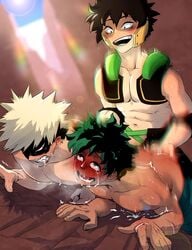 3boys ahe_gao bakugou_katsuki blonde_hair blush blushing bodily_fluids brown_hair fingering gay green_eyes green_hair izuku_midoriya katsuki_bakugou kukkiisart male male_only maledom malesub midoriya_izuku my_hero_academia nipples saliva shindou_you smile sweat tears trembling yaoi yo_shindo