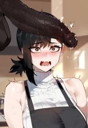 1boy ai_generated apron black_hair brown_eyes censored chainsaw_man creamy_ai dark-skinned_male female higashiyama_kobeni huge_cock interracial large_breasts penis_on_head surprised thiccwithaq_(ai_style) upper_body