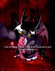 2022 anthro bat_wings big_breasts breasts demon digital_media_(artwork) english_text eric_schwartz female food fruit furafterdark halloween hi_res holidays horn long_tongue membrane_(anatomy) membranous_wings nipples plant pumpkin snapchat solo text tongue twilight_(eric_schwartz) watermark wings yellow_sclera