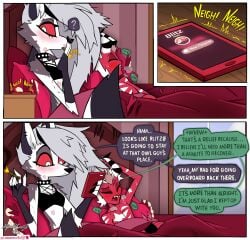 1boy 1boy1girl 1girls 2023 accurate_art_style after_sex black_nails blush blush_lines cigarette corazonarts corazonarts_(artist) female fur grey_hair hellhound helluva_boss horns imp in_bed kiss_mark loona_(helluva_boss) male oc original_character phone pillow red_eyes red_skin sharp_teeth smoking speech_bubble spiked_collar striped_horn tagme text tongue_out vivziepop white_hair white_pupils wolf wolf_ears wolf_girl yellow_eyes