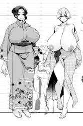 1boy 2girls 8ancoro8 barefoot big_breasts breasts comparison_chart dark_hair exposed_breasts footwear height_difference height_growth kimono larger_female light-skinned_female light-skinned_male light_hair light_skin looking_at_viewer size_difference smaller_male yukata