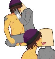 drool emo_boy holding_legs infected_(regretevator) kissing lampert_(regretevator) making_out no_face penis penis_out regretevator roblox scars scars_all_over self_harm_scars simple_background spit