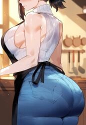 ai_generated apron ass ass_focus black_hair chainsaw_man creamy_ai curvy dat_ass denim fat_ass female_only head_out_of_frame higashiyama_kobeni huge_ass jeans large_breasts narrow_waist sideboob thiccwithaq_(ai_style) thick_ass thick_thighs wide_hips