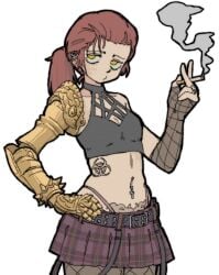 alt_girl elden_ring fishnets goth_girl malenia_blade_of_miquella midriff pantsu_ripper ponytail red_hair skirt small_breasts smoking_cigarette succubus_tattoo tattoos thong womb_tattoo yellow_eyes