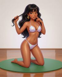 ai_generated bare_shoulders biting_finger black_hair brown_eyes brown_skin chel chel_(the_road_to_el_dorado) clam_shell_bra earrings kneeling looking_at_viewer on_knees playing_with_hair seductive_look the_road_to_el_dorado wooden_floor yoga_mat