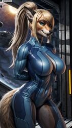 ai_generated animal_ears anthro arms_behind_back artist_name blonde_hair blue_eyes bodysuit breasts cleavage covered_navel female female_anthro fox furrification furry furry_female hi_res high_resolution highres impossible_bodysuit large_breasts long_hair looking_at_viewer metroid moon nintendo photorealistic ponytail realistic samus_aran samus_aran_(cosplay) shiny_clothes skin_tight smile snout solo stable_diffusion tail twitter twitter_username watermark yiffyjiffy2 yiffyjiffy69 zero_suit zero_suit_samus