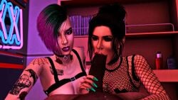 1boy 2girls 3d bite bite_gag black_penis blowjob cd_projekt_red cyberpunk_2077 female interracial judy_alvarez makeup male multiple_girls oral oral_penetration oral_sex panam_palmer piercing pornography septum_piercing septum_ring sex sex_mod sims solomon_reed tattoo tattoos the_sims the_sims_4 villain518