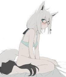 ahoge animal_ear_fluff animal_ears bed_sheet blush bottomless bra breasts closed_mouth female fox_ears fox_girl fox_tail glasses green_bra highres hololive kujira_pasta long_hair looking_at_viewer partially_colored shirakami_fubuki simple_background sitting small_breasts solo sweat tail underwear virtual_youtuber white_hair