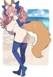 1girls ass breasts ebora elbow_gloves fate/grand_order fate_(series) female fluffy_tail fox_ears fox_girl fox_tail gloves hi_res huge_breasts large_ass light-skinned_female light_skin long_hair pink_hair skindentation sling_bikini swimsuit tail tamamo_no_mae_(fate) thighhighs twintails yellow_eyes youngmanisdown