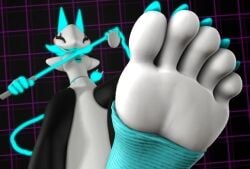 3d barefoot blue_body blue_toenails dialogue dominant_female feet feral foot_fetish foot_focus fur furry happy happy_female pixiv rope soles tasque_manager_(deltarune) toenails white_body yellow_eyes