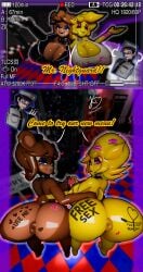 3d big_ass big_breasts blender blue_eyes brown_fur cally3d camera chica_(fnaf) chiku cryptiacurves female five_nights_at_freddy&#039;s fnaf freddy_(fnaf) frenni_fazclaire krackdraw pink_eyes puckered_anus restaurant security_guard tattoo text yellow_fur