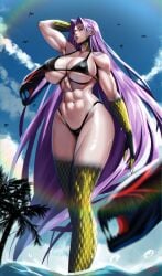 abs below_view bigger_female black_bikini clawed_fingers coconut_tree day daylight daytime fate/grand_order fate_(series) full_body giantess gorgon_(fate) hips large_breasts light-skinned_female light_skin long_hair long_nails milf muscles purple_eyes purple_hair revealing revealing_clothes revealing_swimsuit scales sea servant servant_(fate) snake snake_girl snake_tail sole_female solo solo_female standing sweat sweatdrop swimsuit taller_female thick_legs thick_thighs thighs very_long_hair zinfian