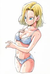 ai_assisted ai_generated android_18 ass_visible_through_thighs bare_arms bare_belly bare_legs bare_shoulders bare_thighs belly_button big_breasts blonde_hair blue_eyes bra breasts cleavage collarbone dragon_ball earrings jei_games panties parted_lips short_hair thighs underwear underwear_only wet_body white_bra white_panties white_underwear