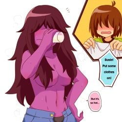artist_request big_breasts blush blushing_female blushing_male breasts censored_nipples clothed_male convenient_censoring covered_nipples deltarune drinking english english_text female female_anthro female_focus green_sweater hair hair_over_eyes hard_translated heat heat_(temperature) kris_(deltarune) light-skinned_male long_hair male male_human monster_girl no_bra open_fly panties partially_clothed partially_clothed_female pink_skin pixiv scalie scalie_female scalie_humanoid snout source susie_(deltarune) sweaty topless topless_female translated undertale_(series)