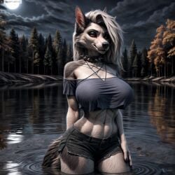 ai_generated animal_ears animal_nose anthro artist_name bare_shoulders black_nails black_shorts body_fur breasts cloud cloudy_sky collar colored_sclera cowboy_shot crop_top female female_anthro furry furry_female helluva_boss hi_res high_resolution highres large_breasts long_hair looking_at_viewer loona_(helluva_boss) midriff moon navel night night_sky off-shoulder_shirt off_shoulder outdoors photorealistic realistic red_eyes shirt short_shorts shorts signature sky smile snout solo spiked_collar spikes stable_diffusion standing stomach tail thighs toned tree twitter twitter_username wading water watermark wet white_hair wolf_ears wolf_tail yiffyjiffy2 yiffyjiffy69