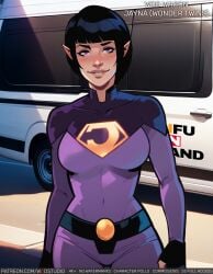 ai_generated bangs belt big_breasts black_hair blunt_bangs blush bob_cut bodysuit breasts car clothing dc dc_comics english_language english_text female female_only fingerless_gloves gloves ground_vehicle hanna-barbera jayna_(wonder_twins) large_breasts lips looking_at_viewer medium_breasts motor_vehicle nose purple_bodysuit purple_eyes short_hair skin_tight smile solo superheroine text wodstudio wonder_twins