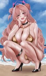 1girls absurdres beach bikini black_choker blue_archive blue_sky bracelet breasts cameltoe choker cute_fang double_bun elbow_rest fake_horns female gcg gold_bikini hair_bun halo high_heels highres jewelry kirara_(blue_archive) large_breasts long_hair looking_at_viewer necklace ocean outdoors pink_eyes pink_hair ring sky smile solo squatting sweat swimsuit thigh_strap very_long_hair water wet