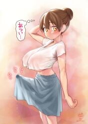 1futa arms_behind_head balls big_breasts big_penis blue_skirt blush breasts brown_hair bulge closed_mouth clothed clothing cropped_shirt daisy_mitsumata dated erection erection_under_clothes from_side futa_only futanari hair_bun highres huge_cock human large_breasts light-skinned_futanari light_skin looking_at_viewer mostly_clothed original penis precum precum_string shirt short_hair short_sleeves single_hair_bun skirt solo standing sweat tenting thought_bubble white_shirt yellow_eyes
