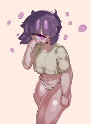 1girls bulletcap_ clothing commission commissioner_upload cyclops female_only navel octette_(octotron2000) one_eye original_character purple_eye purple_hair shirt short_hair solo solo_female someone_else's_oc striped_panties stripes thick_thighs tired underwear wide_hips