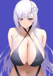 arms_behind_back azur_lane bare_arms bare_belly bare_chest bare_hips bare_midriff bare_navel bare_shoulders bare_skin bare_torso belfast_(azur_lane) belly belly_button bikini bikini_bottom bikini_only bikini_top black_bikini black_bikini_bottom black_bikini_only black_bikini_top black_string_bikini black_swimsuit black_swimwear blue_background blush blush blushing_at_viewer blushing_female braid braided_hair breasts cleavage closed_mouth collarbone crown_braid exposed exposed_arms exposed_belly exposed_midriff exposed_shoulders exposed_torso female hands_behind_back large_breasts long_hair looking_at_viewer lordol navel purple_eyes purple_eyes_female silver_hair silver_hair_female simple_background slender_body slender_waist slim_girl slim_waist smile solo string_bikini swimsuit swimwear thin_waist upper_body white_eyebrows white_hair white_hair_female wide_hips