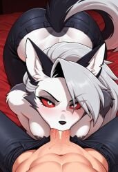 1boy 1girls ai_generated anthro anthro_on_human blowjob blush breasts canine demon demon_girl ears female furry goth goth_girl grey_fur grey_hair hellhound helluva_boss human interspecies long_hair looking_at_another looking_at_partner looking_at_viewer loona_(helluva_boss) male male/female male_pov nipples pants penis red_sclera sex tagme tail topless topless_female two_tone_body two_tone_fur two_tone_tail white_body white_eyes white_fur wolf wolf_girl