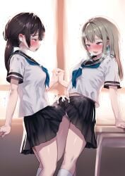 2futas absurdres arm_support ayanakitori black_hair black_skirt blonde_hair blue_neckerchief blush breasts clothed clothing cum cum_on_clothes dicks_touching duo ejaculation erection_under_clothes frottage futa_on_futa futa_only futa_with_futa futanari grey_hair highres holding_hands human interlocked_fingers light-skinned_futanari light_skin long_hair medium_hair mostly_clothed multiple_girls neckerchief original penis penises_touching red_eyes school_uniform serafuku shirt short_sleeves skirt standing sweat tenting textless_version trembling twintails white_shirt