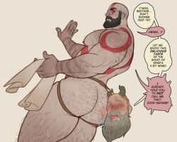 abs ass bara beard biceps blush daddy daddy_kink dilf english_text erect_nipples gay god_of_war god_of_war_ragnarok hairy hairy_ass hairy_male kratos male male/male male_nipples male_only manly mature_male muscular_male nipples nude pecs skayous text wet yaoi