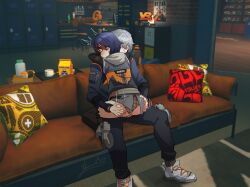 1boy belle_(zenless_zone_zero) blue_hair brother_and_sister commentary couch female grey_hair hair_ornament highres hood hooded_jacket hug incest indoors jacket on_couch sex siblings sitting straddling straight upright_straddle wise_(zenless_zone_zero) zenless_zone_zero