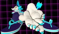 3d barefoot big_breasts big_thighs blue_body blue_toenails breasts deltarune dialogue dominant_female feet feral flip_flops foot_fetish foot_focus footprint footprint_on_sandals fur furry happy happy_female pixiv rope smile soles tasque_manager_(deltarune) thighs tights toenails white_body white_soles yellow_eyes