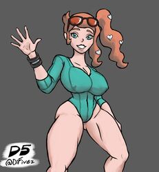 1girls alternate_breast_size big_breasts bodysuit breasts cleavage clothed d5 female female_only green_eyes huge_breasts human human_only leotard looking_at_viewer nintendo orange_hair pokemon pokemon_ss smile sonia_(pokemon) teeth text thick_thighs watermark wide_hips