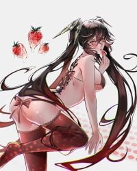 1girls bikini black_hair eating female long_hair lucia_(punishing:_gray_raven) medium_breasts punishing:_gray_raven red_eyes red_hair robot_girl strawberry thighhighs twintails