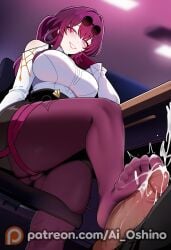 ai_generated cum cum_on_feet feet female foot_fetish footjob from_below highres honkai:_star_rail honkai_(series) hoshino_ai_(generated) kafka_(honkai:_star_rail) large_breasts leggings looking_at_viewer milf mommy naughty_face pantyhose portrait purple_hair see-through_clothing shirt socks thick_ass thick_thighs upper_body wet