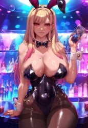 1girls ai_generated blonde_hair bunnysuit cleavage club female female_only huge_breasts kitagawa_marin klausherbert nightclub pantyhose playboy_bunny smirk solo sono_bisque_doll_wa_koi_wo_suru thick_thighs