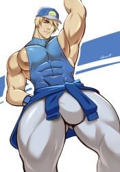 1boy abs abs_visible_through_clothing arm_up armpits baseball_cap blonde_hair bulge clothes_around_waist gasaiv looking_at_viewer looking_down looking_down_at_viewer low-angle_view male male_only muscular muscular_arms muscular_chest muscular_thighs nipples original_character pecs pov pov_eye_contact skin_tight sleeveless sleeveless_shirt solo solo_male standing standing_over_viewer sweater_around_waist sweatpants tight_clothing