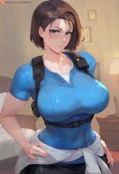 1girls ai_generated big_ass big_breasts big_butt big_nipples big_thighs blue_eyes blush brown_hair female huge_ass huge_breasts huge_butt huge_nipples huge_thighs jill_valentine resident_evil standing wanuze wide_hips