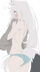 ^^^ animal_ears aqua_panties ass blue_eyes blush female fox_ears fox_tail from_behind hair_down highres holding hololive hololive_gamers hololive_gen_1 hololive_japan kujira_pasta long_hair multi_ear open_mouth panties shirakami_fubuki solo sweat tail topless underwear underwear_only very_long_hair virtual_youtuber white_hair