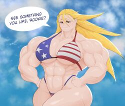 1girl 1girls abs american_flag american_flag_bikini biceps big_ass big_breasts big_butt big_muscles big_thighs blonde_female blonde_hair boku_no_hero_academia brown_eyes dialogue huge_breasts huge_muscles huge_thighs hyper_muscles light-skinned_female looking_at_viewer muscular muscular_female muscular_thighs my_hero_academia posing posing_for_the_viewer qinnikart star_and_stripe_(boku_no_hero_academia) star_and_stripe_(my_hero_academia) text text_bubble