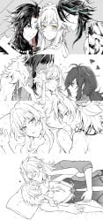 1girls albedo_(genshin_impact) diluc_(genshin_impact) female genshin_impact heart implied_sex kaeya_(genshin_impact) lumine_(genshin_impact) male male/female male/female/male multiple_boys quinny_il redxiao reverse_harem short_hair_with_long_locks threesome visible_breath wholesome xiao_(genshin_impact) yellow_eyes