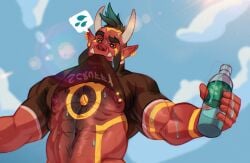 abs bara beard biceps hairy_chest male male_nipples male_only mohawk mohawk_(hairstyle) muscular_male nipples orc orc_male pecs pointy_ears red_body red_ski skayous solo solo_male sweat sweating tattoo tusks
