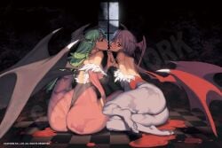 2demons 2girls ass bat_wings bimbo_lips capcom darkstalkers demon demon_girl feet giant_ass green_eyes green_hair huge_ass lilith_aensland lips morrigan_aensland nipple_bulge official_art official_style orange_eyes pantyhose pink_hair purple_hair sibling siblings sisters succubi succubus sucking thong watermark wedgie