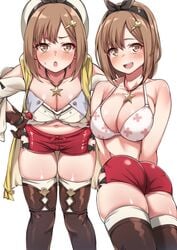 1girls :d :o ass atelier_(series) atelier_ryza bangs bikini bikini_top black_hairband blush boots breasts brown_eyes brown_footwear brown_gloves brown_hair brown_legwear cleavage collarbone commentary_request female floral_print gloves hair_between_eyes hair_ornament hairband hairclip hand_on_hip hat highres jacket jewelry large_breasts leaning_forward leather leather_gloves looking_at_viewer medium_hair midriff multiple_views navel necklace oerba_yun_fang open_mouth red_shorts reisalin_stout shiny shiny_skin short_shorts shorts shoulder_cutout simple_background single_glove skindentation smile spicy_moo standing star star_necklace stomach sweatdrop swimsuit teeth thigh_boots thigh_gap thighhighs thighs tsurime white_background white_bikini white_headwear