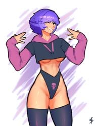 black_eyes cheeky clothed clothing cropped_hoodie hand_gesture hoodie kodyparps midriff no_bra_under_clothes one_eye_closed paggi_outfit purple_hair revealing_clothes shiny_hair shiny_skin short_hair smile solo source_request thighhighs underboob wink