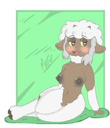 2019 :3 anthro anthrofied blush bovid breasts caprine female hi_res hooves looking_at_viewer mammal mathythemathy nintendo nipples nude pokémon_(species) pokemon pokemon_(species) pokemon_ss pokemorph shaved_pussy sheep simple_background sitting smile solo video_games wooloo