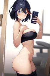 1girls ai_generated big_ass big_breasts black_hair blue_eyes blush cropped_shirt female female_only gym_clothes holding_chest human kill_la_kill matoi_ryuuko mirror_selfie no_panties no_pants sexy_pose short_hair solo