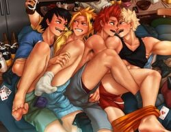 4boys black_hair blonde_hair bludwing denki_kaminari eijirou_kirishima gay hanta_sero katsuki_bakugou male_only multiple_boys my_hero_academia nipples red_hair topless yaoi